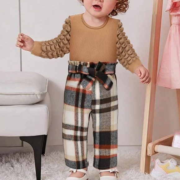 NWOT Stylish Kids Plaid Bottoms & Top Set - Beige and Brown 18-24 Months - Picture 2 of 4